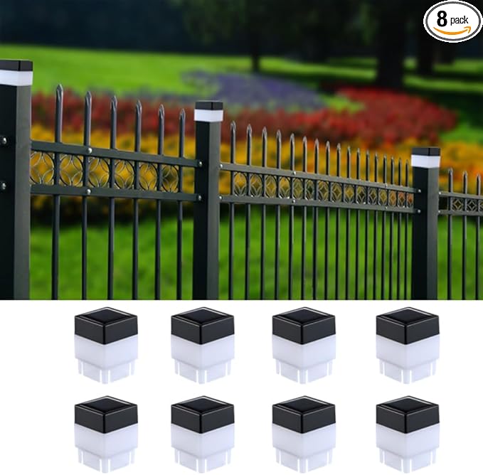 Fence Lights Solar Powered Solar LED Fence Post Cap 2In x 2In(5cm x 5cm) for Wrought Iron Aluminum Garden &amp Outdoor (Warm Light 8)
