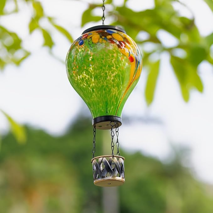 Starsoul Hot Air Balloon Solar Lantern Tie-Dye Style Glass Outdoor Solar Hot Air Balloon Lantern with Flame Light Waterproof Hanging for Garden Yard Patio Decor