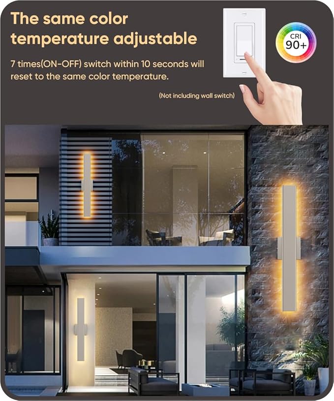 Aipsun 2 Packs Nickel Outdoor Wall Light 23.6inch Modern LED Exterior Wall Sconce Long LED Linear Exterior Lights 3000K 4000K 6000K for House Living Room Corridor(3CCT)