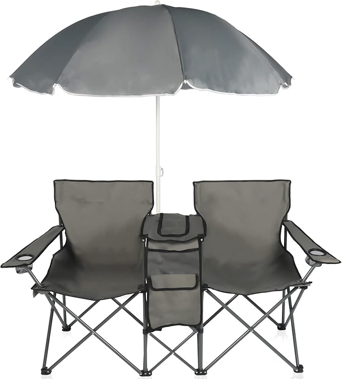 LAZZO Double Folding Camping Chairs Portable Picnic Camping Chairs w/Umbrella Mini Beverage Holder Carrying Cooler Bag Outdoor Picnic Double Folding loveseat Camp Chairs for Beach Patio Pool Park