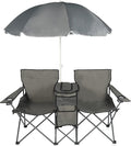 LAZZO Double Folding Camping Chairs Portable Picnic Camping Chairs w/Umbrella Mini Beverage Holder Carrying Cooler Bag Outdoor Picnic Double Folding loveseat Camp Chairs for Beach Patio Pool Park