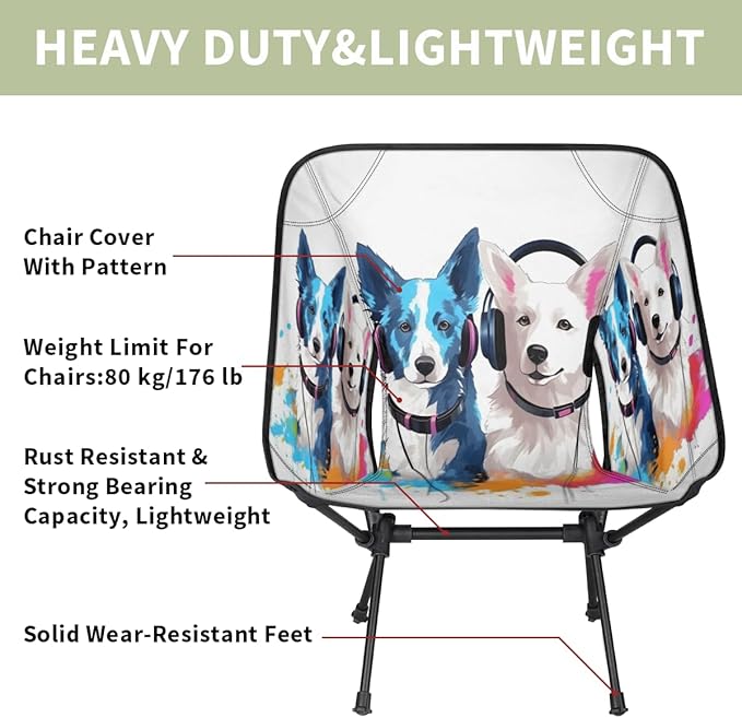 Animal Dog Pattern Camping Chair Lightweight Portable Chairs for Adults Easy Installation Outdoor Foldable Camping Chair for Camping Fishing Hiking Picnic Beach