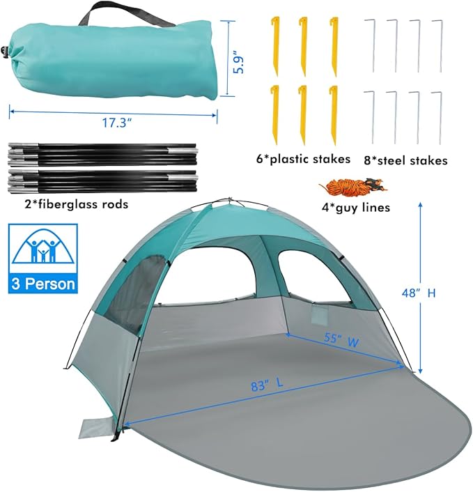 WhiteFang Beach Tent Anti-UV Portable Sun Shade Shelter for 3/4/6/8 Person Extendable Floor with 3 Ventilating Mesh Windows Plus Carrying Bag Stakes and Guy Lines