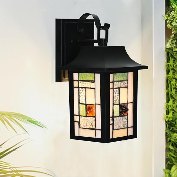 WL0010 Tiffany Style Outdoor Light Fixutres Stained Glass Wall Sconce Exterior Waterproof Wall Lantern Light for Balcony Aisle Hallway W 7X D 6 x H 12 Inches Bulb Included (Lumigrid)
