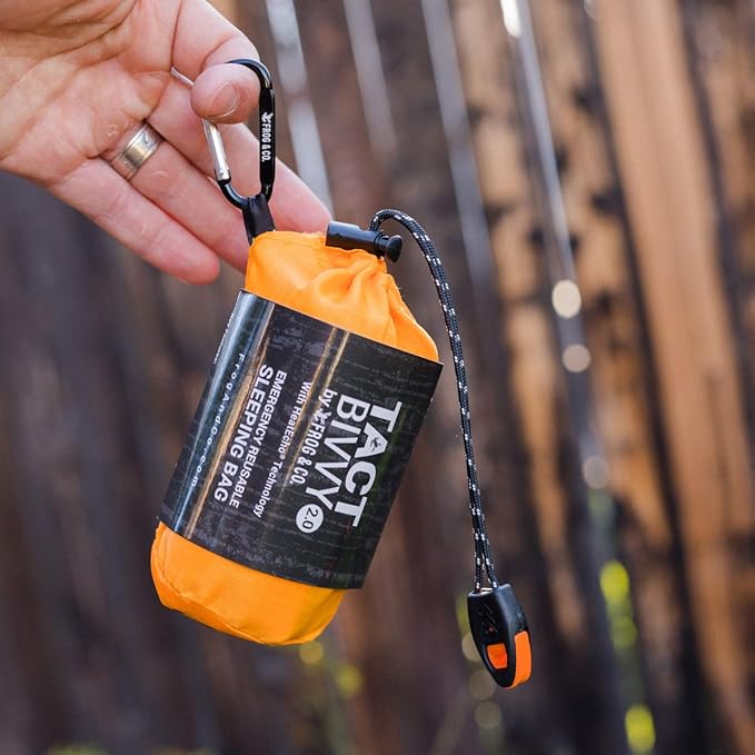 Survival Frog Tact Bivvy 2.0 Emergency Sleeping Bag with Stuff Sack Carabiner &amp Survival Whistle – Compact Lightweight Waterproof Reusable Thermal Bivy Sack Shelter Kit