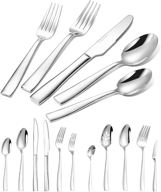 Lazycorner 53 Piece Silverware Set wiith Steak Knives and Serving Utensils 18/10 Stainless Steel Flatware Set Mirror Polished Eating Utensils Sets Silverwear Cutlery Set Dishwasher Safe