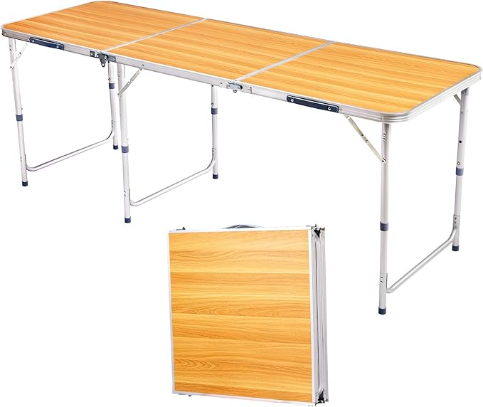 Folding Camping Table4FT Aluminum Folding Picnic Table with 3 Adjustable HeightHeavy Duty 3 Fold Utility TableIndoor Outdoor Portable Lightweight Beach Accessories with Carrying Handle (Wood Grain)