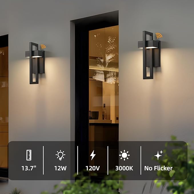 tewei LED Outdoor Wall Sconce Dusk to Dawn Outdoor Lighting Modern Exterior Lighting Fixtures Black LED Front Porch Lights Outside Wall Mount Lights for House Hallway Warm White 3000K 2 Pack