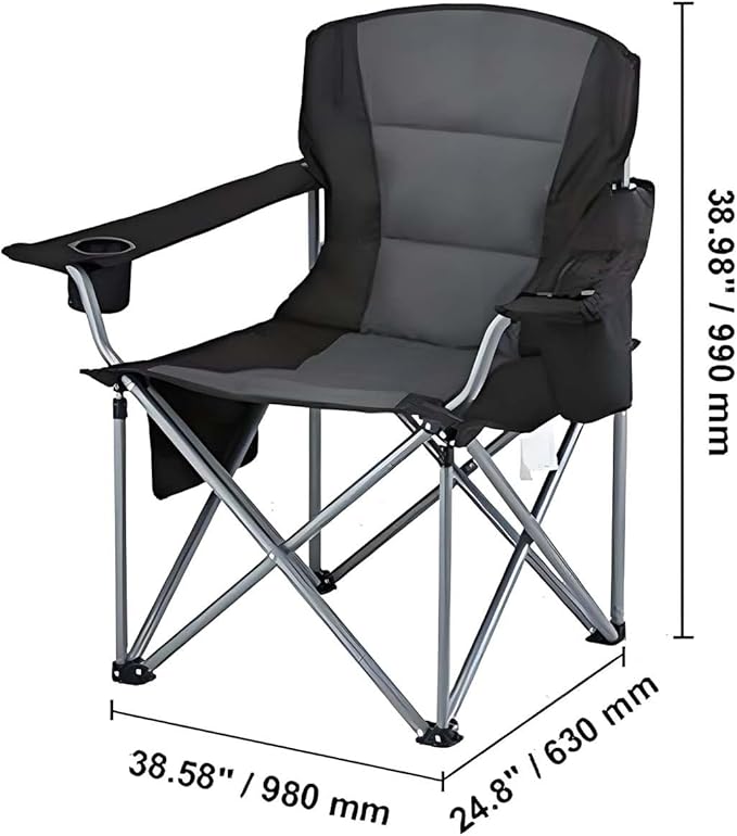 Oversized Camping Folding Chair Heavy Duty Outdoor Quad Lumbar Back Padded Arm Chairs with Side Pockets Cup Holder &amp Cooler Bag Portable Chairs for Beach Lawn Picnic Fishing Support 450 LBS