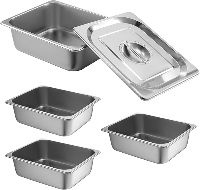 1/2 Size Hotel Pan with Lids 4 Pack 4'' Deep Steam Table Pan 12.8''L x 10.4''W Stainless Steel Pans for Home Party Hotel Buffet