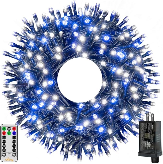 Ollny Christmas Lights 500LED 164FT Long Christmas Tree Lights with 8 Modes Remote Timer IP44 Waterproof Outdoor Christmas Lights for Tree House Yard Outside Xmas Decorations (Blue+White)