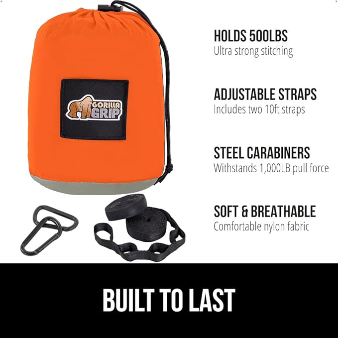 GORILLA GRIP Durable Camping Hammock with Heavy Duty Tree Straps Portable Hammocks for Outside Easy to Use Travel Swing Chair Outdoor Camper Hiker Essentials Backpacking Gear Gifts Double Orange
