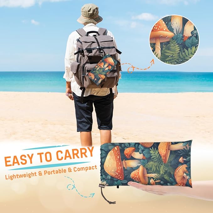 Waterproof Sandproof Beach Blanket 59''×68'' Vegetables Polyester Outdoor Picnic Blanket with 4 Stakes &amp Storage Bag for BeachCampingVacation Umbrella Mushrooms