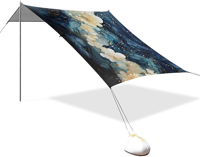 ALAZA Flowers Blue Marble Beach Tent Sun Shelter UPF50+ Protection Beach Shade Canopy w/ 4 Sandbags for Outdoor Camping Fishing Backyard Fun Picnic 10x9 ft