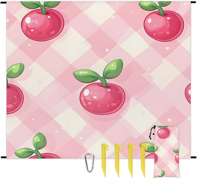 Waterproof Sandproof Beach Blanket 59''×68'' Simulation Cherries Polyester Outdoor Picnic Blanket with 4 Stakes &amp Storage Bag for BeachCampingVacation Pink