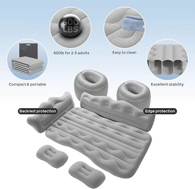 BEBAS Car Air Mattress Inflatable Truck Camping Mattress for Back Seat Thickened SUV Portable Travel Sleeping Pads with 2 Pillows &amp Air Pumps Fits Most Sedan/Pickup/Van Gray Bed
