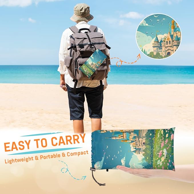 Waterproof Sandproof Beach Blanket 59''×68'' Landscape Polyester Outdoor Picnic Blanket with 4 Stakes &amp Storage Bag for BeachCampingVacation Castle