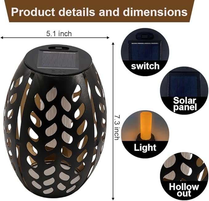 2PCS Solar Table Lanterns with Flickering Flame Light Outdoor Waterproof Metal Desktop Decorative Lamp with Hollow Design for Tabletop Garden 7.3 H Black Leaf