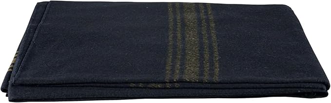 Fox Outdoor Products Wool Blanket - Warm Lightweight Wool Blend Blanket with Whip-Stitched Edges for Outdoor &amp Home Use Mustard-Striped Navy