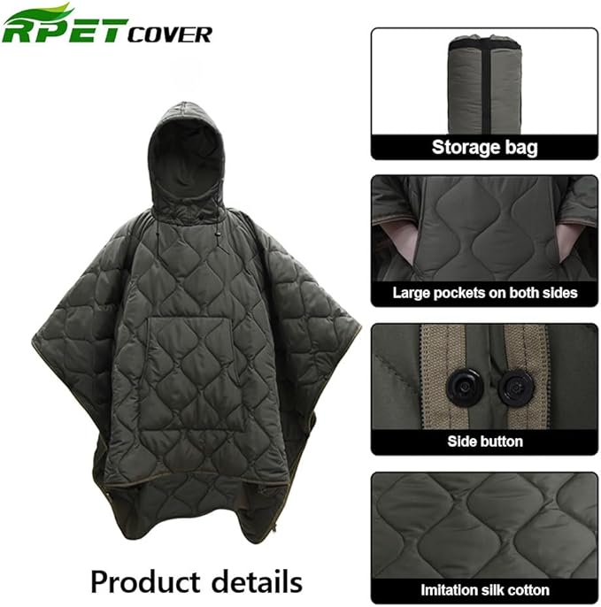 RPET Water Resistant Poncho Liner Blanket-Ideal for CampingHikingOutdoor Survivalwith Compression Sack for Easy Carry