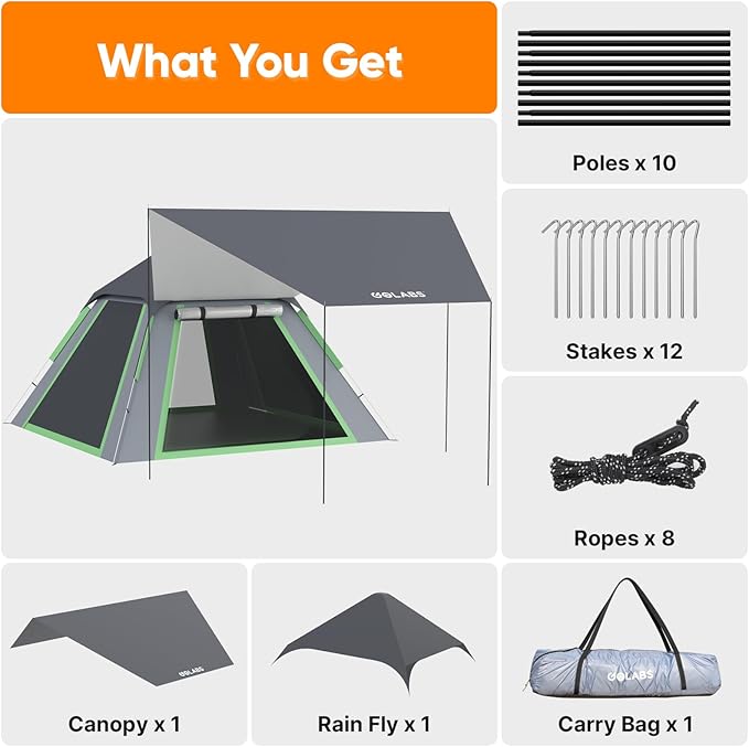 Golabs 3 Person Camping Tent w/ 9.5x8.5 ft Canopy 3-Minute Setup by Pre-Attached Pole PU1500mm Waterproof 4 Side Mesh Tent Top &amp Door &amp Ventilation Portable Family Tent w/Carry Bag &amp P
