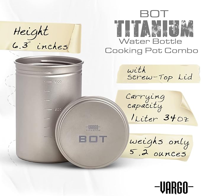 Vargo Titanium BOT Series | 1 Liter (34 oz.) Ultralight Water Bottle Cooking Pot Weighs 147 grams (5.2 oz.) | Backpacking Camping Multipurpose