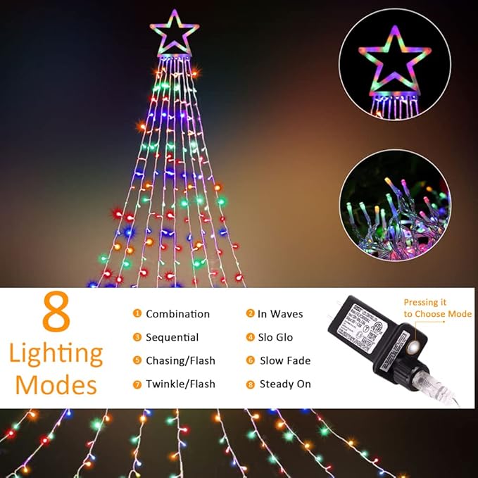 Outdoor Christmas Star String Lights 320 LED 11.5 ft Waterfall Tree Lights with 8 Lighting Modes for Indoor/Outdoor Yard Home Festival Party Xmas New Year Decor
