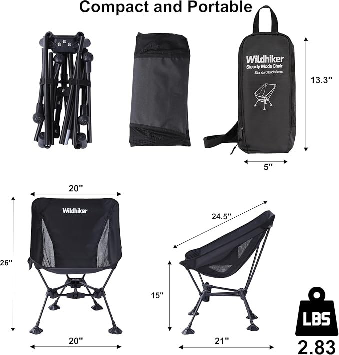 Wildhiker Ultralight Backpacking Chair – Compact Camping Chairs for Adults with Pouch Weighs 2.8 lbs with Anti-Sinking Large Feet for Beach Hiking Motorcycle Travel Festival – Black 2pcs