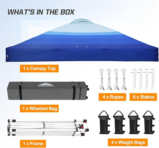 EAGLE PEAK Pop Up Canopy Tent with Wheeled Carry Bag 8 Stakes 4 Ropes 4 Weight Bags Easy Set Up Tent Canopy 10x10 ft 100sqft of Shade Blue Fade Stripe