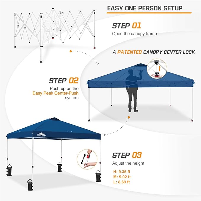 EAGLE PEAK Pop Up Canopy Tent with Wheeled Carry Bag 8 Stakes 4 Ropes 4 Weight Bags Easy Set Up Tent Canopy 10x10 ft 100sqft of Shade Dark Blue