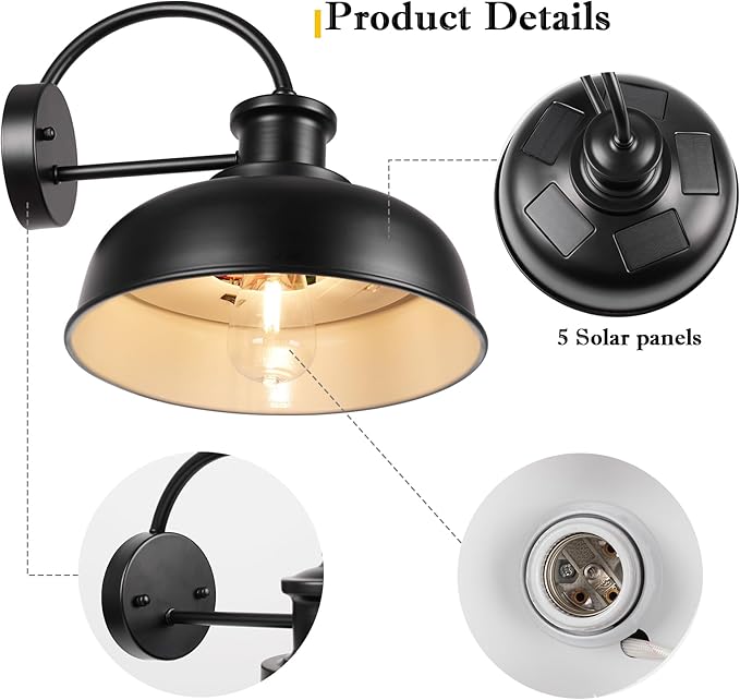 Solar Barn Light Outdoor Farmhouse Dusk to Dawn Sensor Wall Sconce 12 Inch Rustic Solar Powered Exterior Light Fixture for Porch Garage Patio 2 Pack ROS-SR026-2