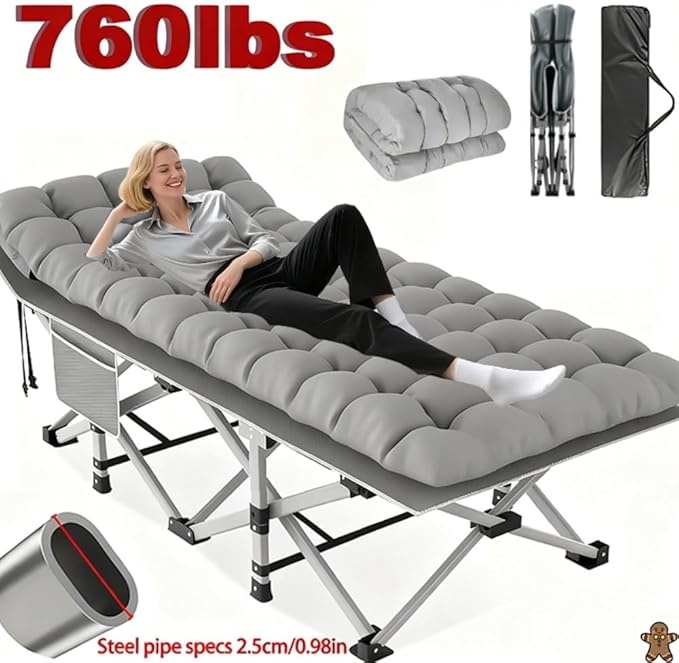 560-760 pounds Portable Folding Camping Bed (with Mattress) - Can be Used as a Recliner - Breathable Fabric Thick Steel Frame (Gray760 lbs)