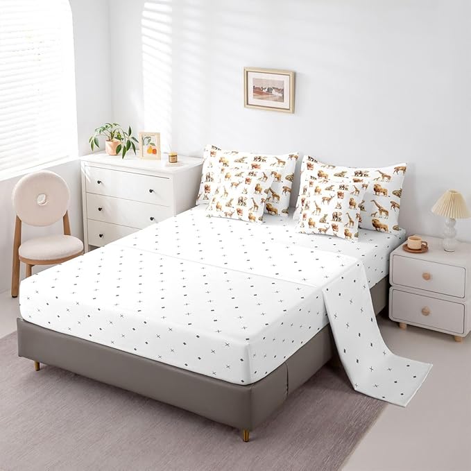 jejeloiu Zoo Animal 7 Piece Bedding Set for Girls Boys Kids Twin Size Cute Giraffe Bed in a Bag Room Decor Cartoon Animal Comforter Set with SheetsPillowcases &amp Cushion Cover White Brown Microfib