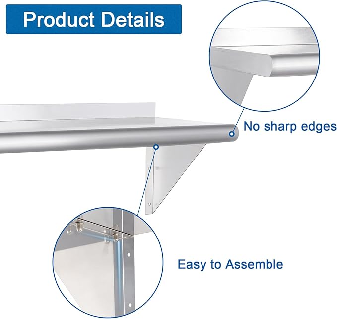 HARDURA Stainless Steel Shelf 12 x 36 230lb Commercial Shelves Wall Mount Metal Shelving with Backsplash and Brackets for Kitchen Restaurant Laundry Room and Home