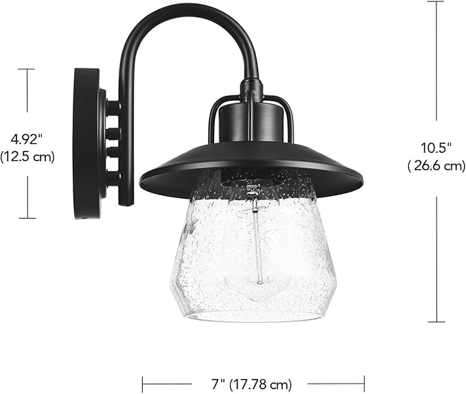 Globe Electric 60000012 1-Light Outdoor Wall Sconce Matte Black 7 Seeded Glass Shade Curved Stem Porch Light Wall Lighting Patio Décor