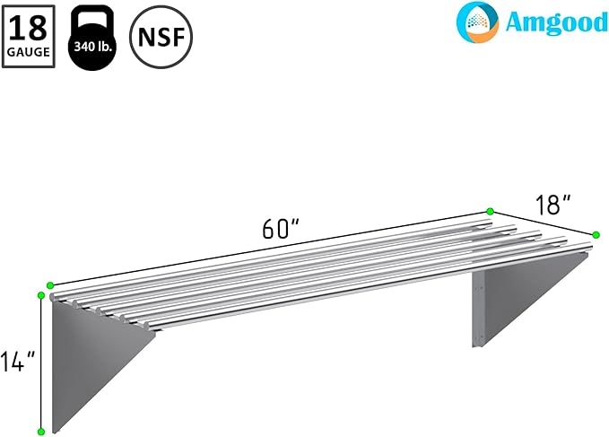 AmGood 18 in. x 60 in. NSF Stainless Steel Tubular Wall Shelf | Heavy-Duty Metal Shelving for Appliances &amp Equipment | Ideal for Kitchen Restaurant Garage Laundry Utility Room