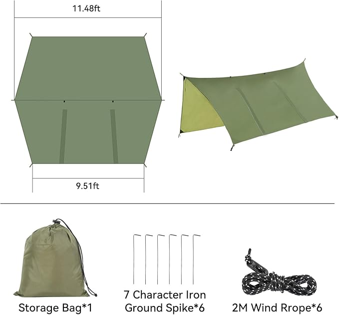 Hammock Rain Fly Tent Tarp (11.5x9.5ft) Large Ultralight Camping Tarps Waterproof Portable Backpacking Multifunctional Rain Cover for Outdoor Hiking Picnic Hammock Car Backpacking