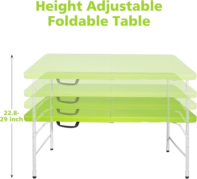 4 Foot Folding Table Utility TablePortable 4Ft Adjustable Height Folding Table Heavy Duty Fold-in-Half Table Small Utility Foldable Table Camping Table for Dining Picnics (Green)