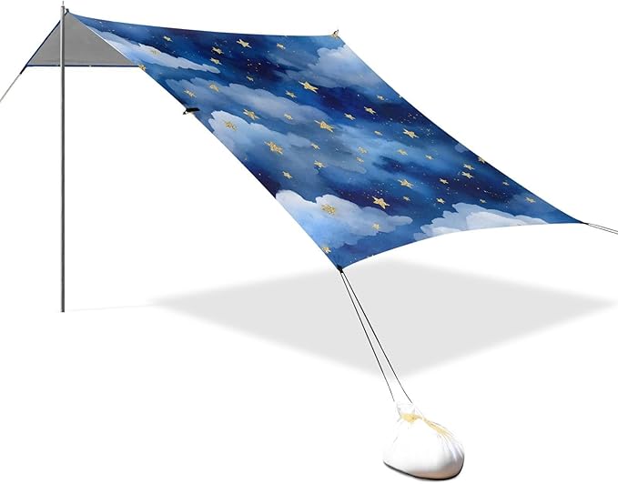Bolaz Beach Canopy Tent Sun Shade9'×10.5' Large Family Beach Shade UPF50+- Outdoor Shade for Camping Trips FishingBlue White Watercolor Stars Pattern