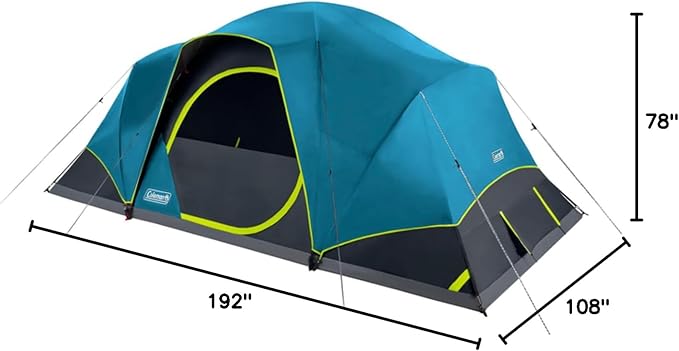 Coleman 4/6/8/10 Person Skydome Dark Room Tent with Rainfly 5 Minute Setup Blocks 90% of Sunlight 20% More Headroom Than Traditional Tents