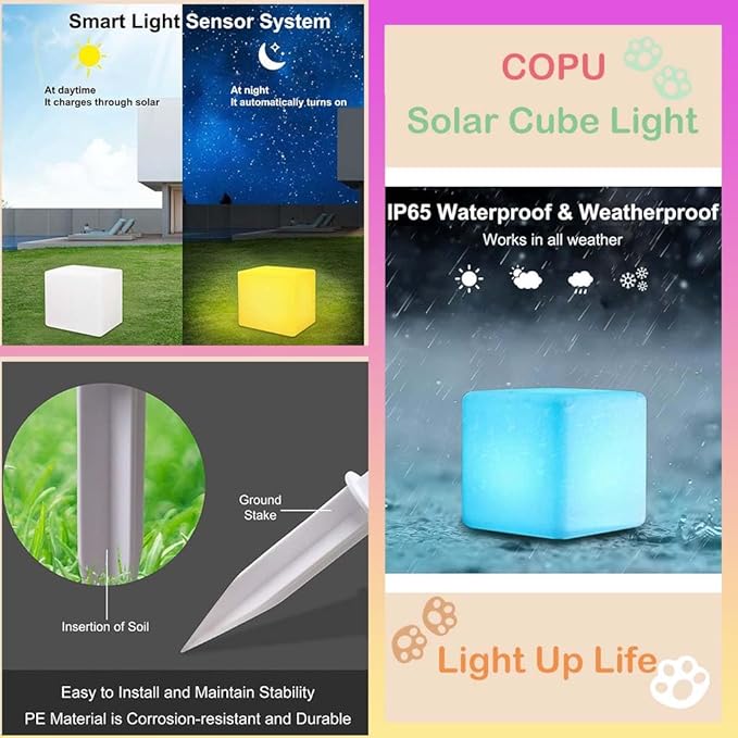 8-in Solar Cube Light Outdoor Waterproof 16 Colors Illuminate Cube Floor Lamp Dimmable Glowing LED Tesseract Cosmic w/Ground Stake &amp Remote Dynamic Effect for Garden Yard Patio Mood Ambient Ligh