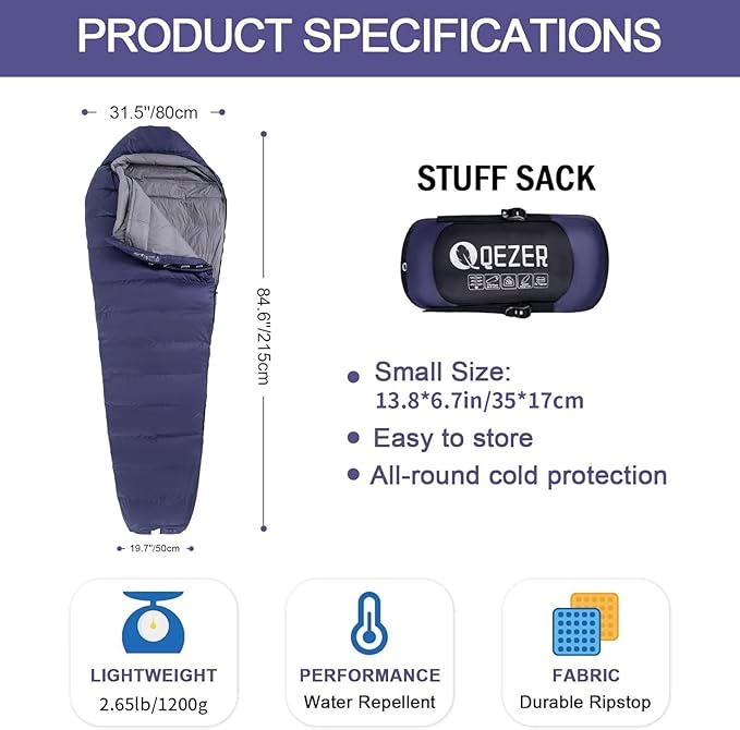 Down Sleeping Bag for Adults 0 Degree Warm Winter Mummy Lightweight Compact Outdoor Sleeping Bag for Camping Backpacking Hiking Cold and Warm Weather with 600 Fill Power Down