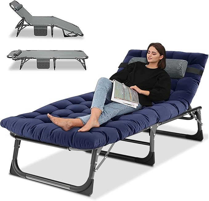 LILYPELLE Portable Folding Camping Cot Adjustable 5-Position Adults Reclining Folding Chaise with Pillow Outdoor Portable Folding Lounge Chair Sleeping Cots Bed for Camping Pool Beach Patio