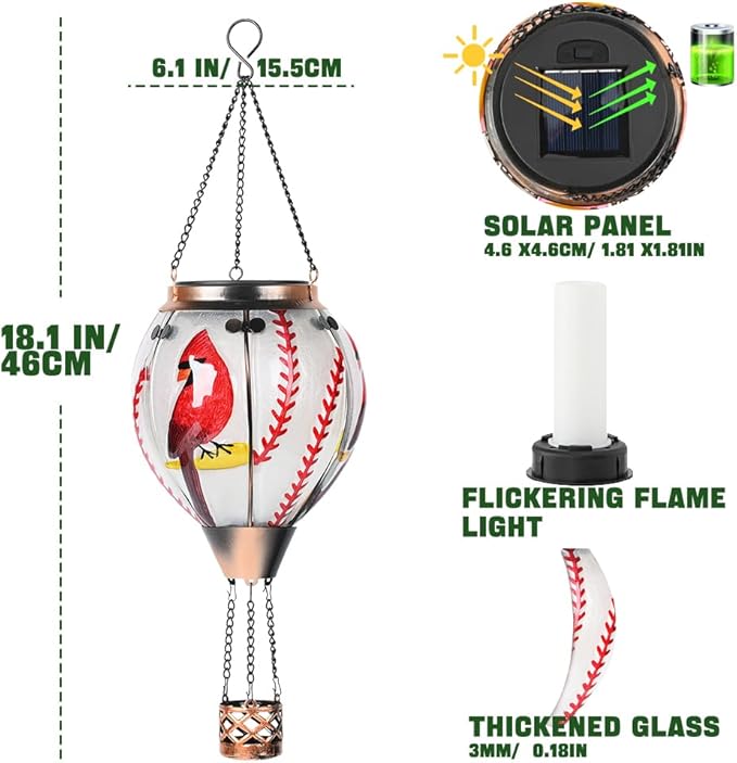 Hot Air Balloon Solar Lantern - Cardinal Bird Glass Lantern Simulated Flickering &amp Dancing Flame Outdoor Hanging Yard Light Waterproof IP65 for Patio Lawn Porch Decor Gift
