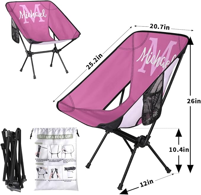 Custom Rose Pink Portable Camping Chair Personalized Backpacking Chair with Name Lightweight Foldable Chairs for Hiking Beach