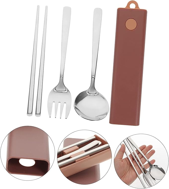 4 Sets Fork Spoon Chopsticks Serving Utensils Stainless Steel Stainless Steel Set Travel Cutlery Spoons Tableware Set Camping Utensil Abs Pink Spoon Fork Chopstick Rest