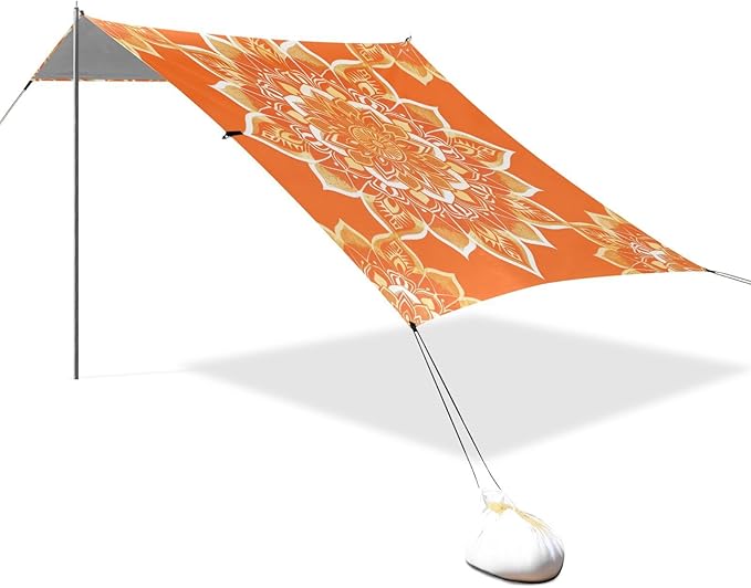 Orange Mandala Beach Tent Sun Shelter 9.2' x 10.5' Beach Canopy with 4 Sandbags 4 Stability Poles Sand Shovels - Tent Canopy for Beach Camping Fishing Picnics