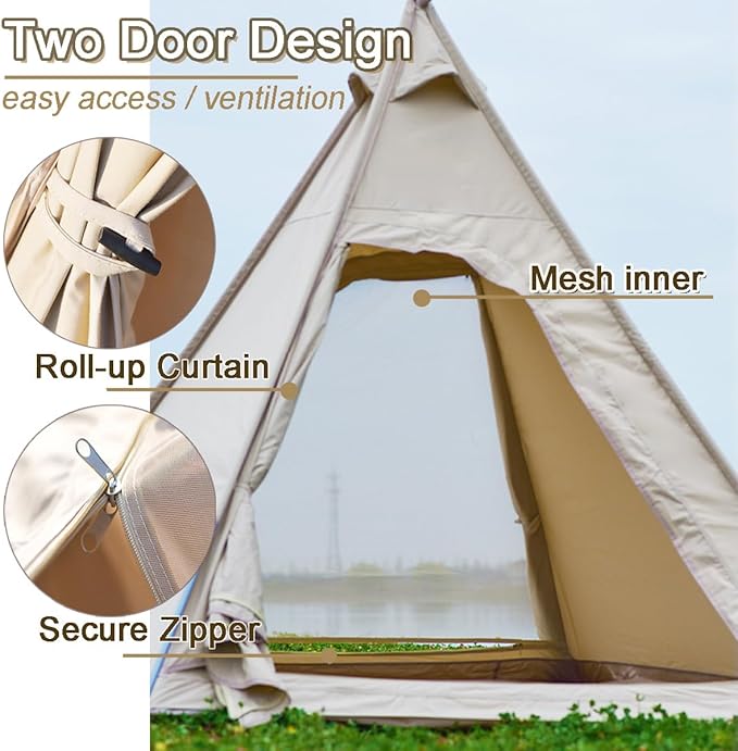 Canvas Tent Teepee Tent for Adults 210G Cotton with Double Door 3 Seasons 2-3 Person for Family Outdoor Camping Parties Glamping