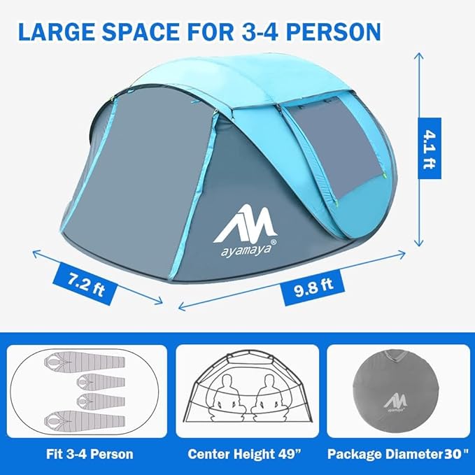 4 Person Pop Up Tents for Camping - AYAMAYA Waterproof Instant Family Tents with Skylight &amp Removable Rainfly Upgraded Large Size with 2 Doors -Automatic Easy Setup Beach Tent with Poles
