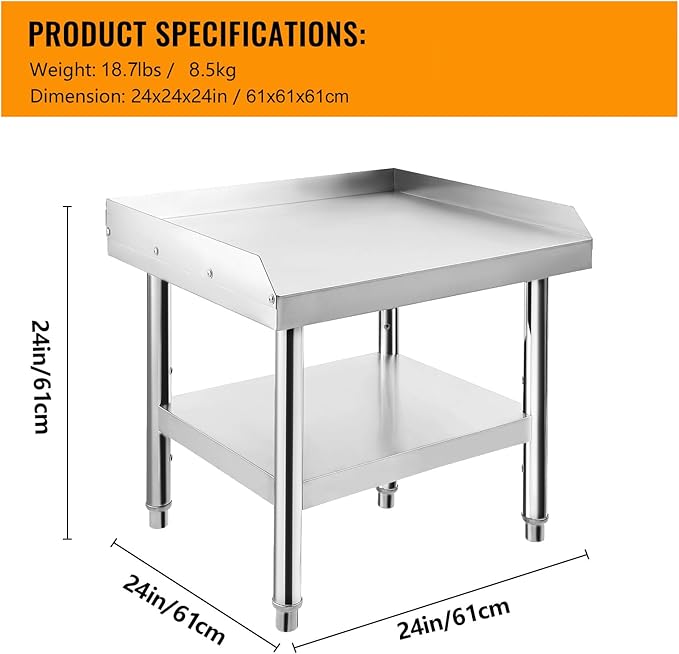Stainless Steel 24x24x24 in Equipment Grill Stand Table 1000 LBS Top Shelf 220 LBS Bottom Shelf Adjustable Legs 2 in Edge Baffle for Hotel Home Commercial Restaurant Kitchen